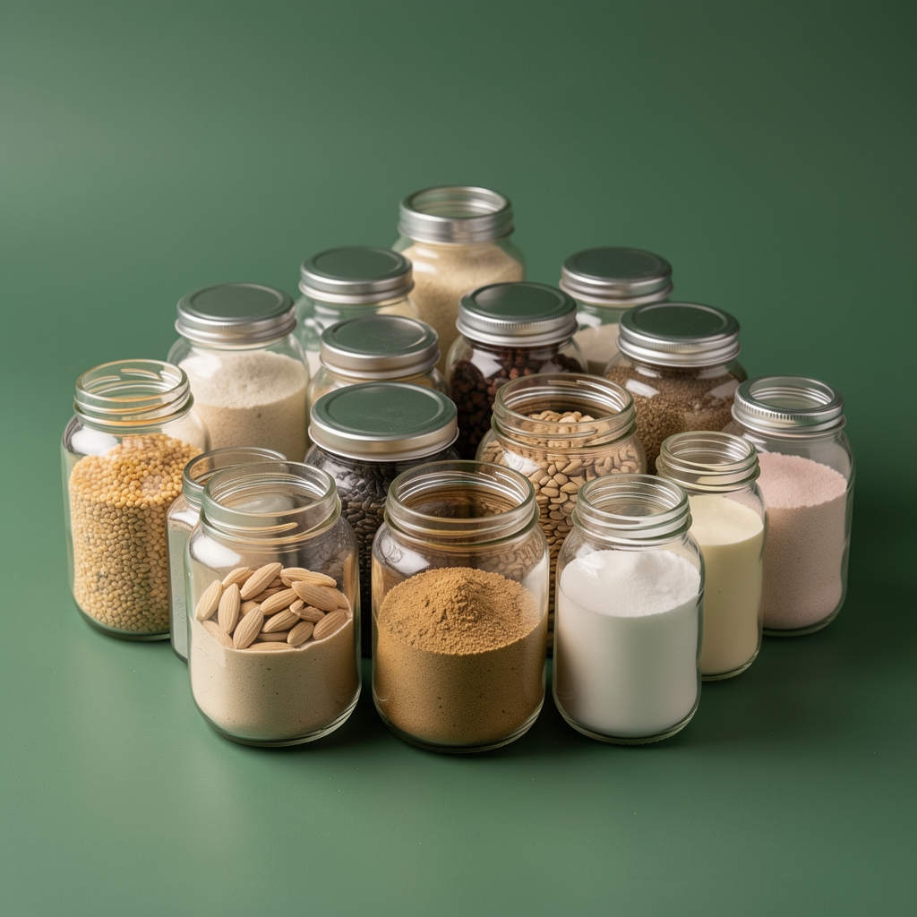 Ingredientes de Magnesio Bisglicinato 400 organizados en frascos de vidrio sobre una superficie verde mate