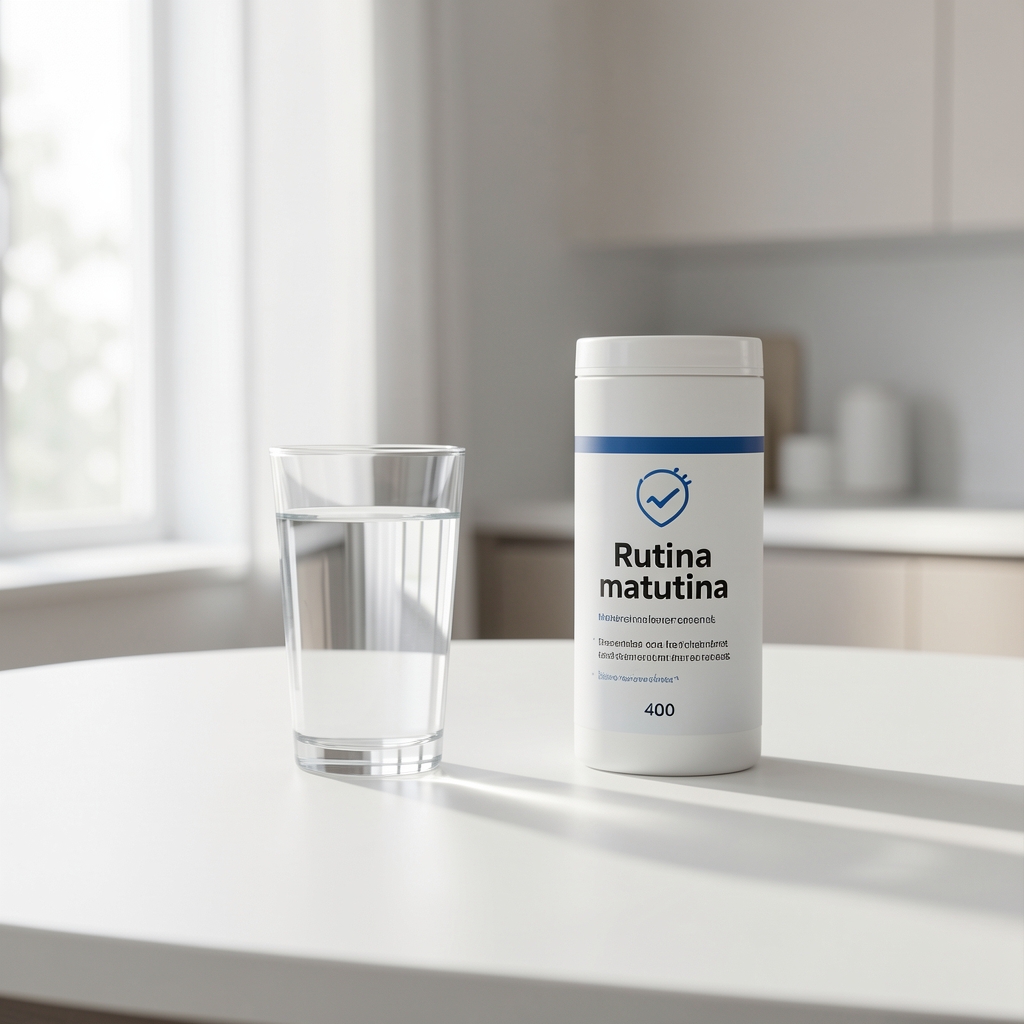 Rutina matutina con vaso de agua y envase de Magnesio Bisglicinato 400 sobre una mesa iluminada